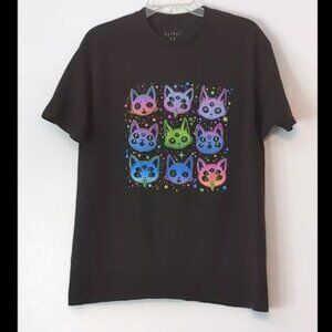 Cat Alien Large Black Tshirt Funny Face Rainbow Cats